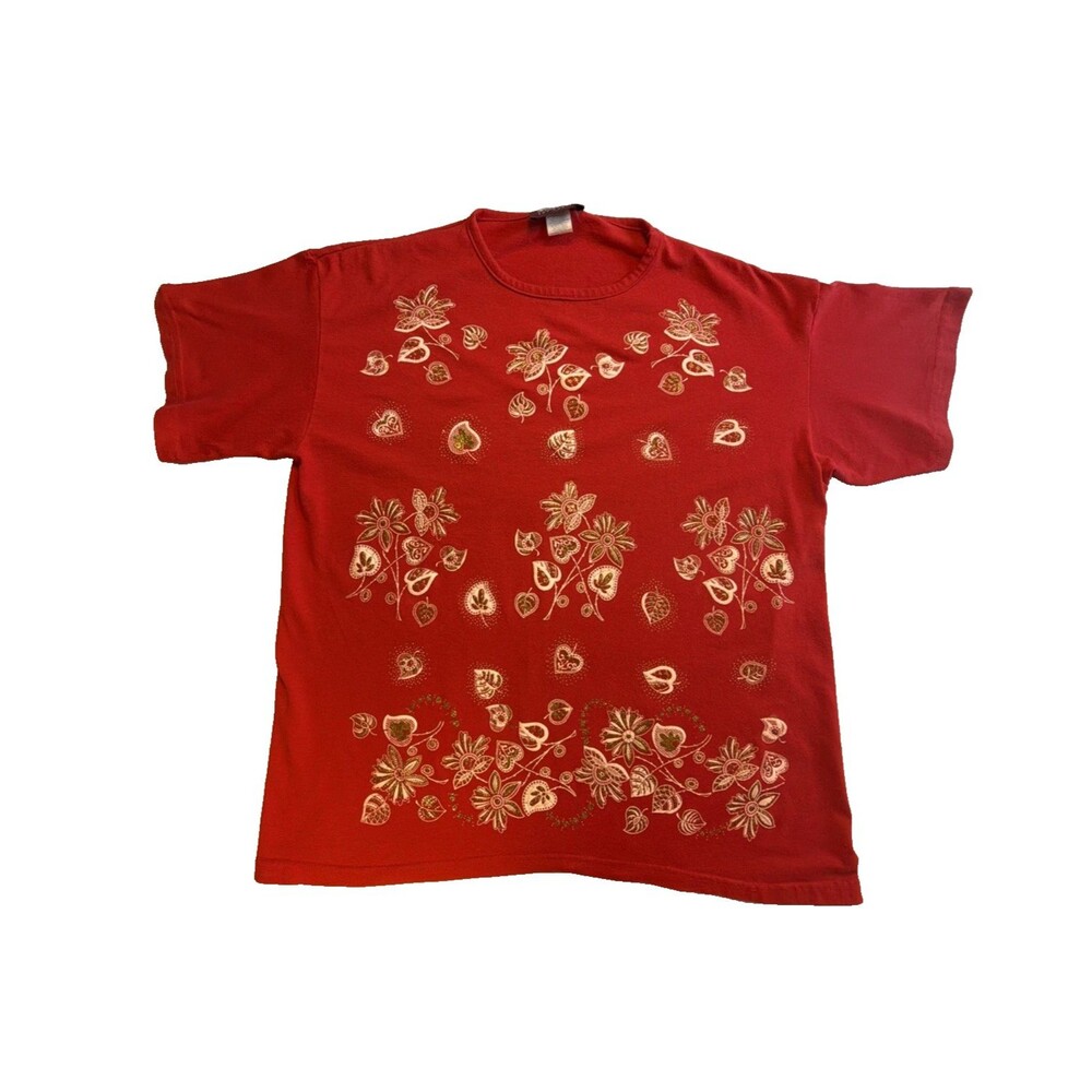 Vintage 90s Premier Red T Shirt Womens L Floral Festival Grandmacore Retro Top